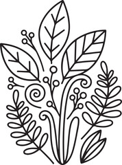A simple black and white botanical illustration of leaves and floral swirls