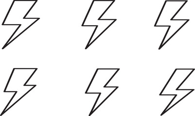 Six hand drawn lightning bolt icons representing energy power electricity and speed isolated on white background.