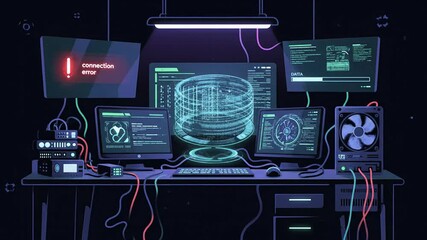 Abstract holographic data center screen desktop dark interface digital wallpaper concept - Powered by Adobe