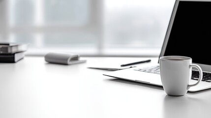 Laptop, coffee cup, and pen on a bright desk.