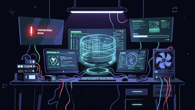 Abstract holographic data center screen desktop dark interface digital wallpaper concept