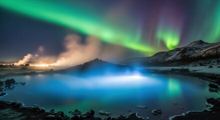 A geyser pool under the northern lights, the water steaming and glowing with an unnatural blue light, mystical