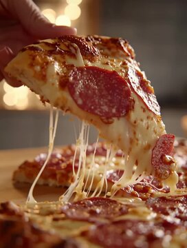 Close-up of a pizza slice being lifted, showing melted cheese stretching down. Slices, pepperoni visible