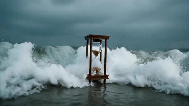 Hourglass in ocean waves, time passing concept, sea on stormy day