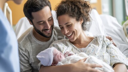 Joyful couple, an african american man and a woman, holding their newborn baby in a hospital room, surrounded by warmth and love, celebrating new beginnings and family moments