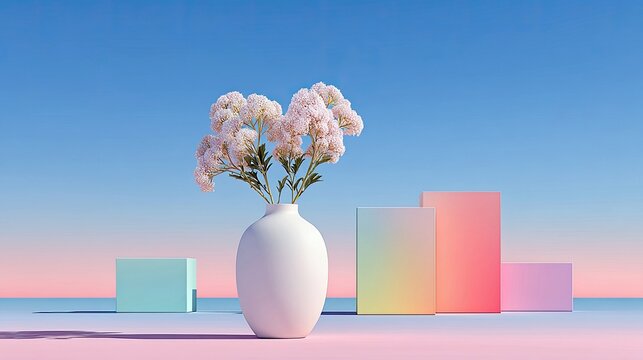 Flowers in Vase with Geometric Shapes on Pastel Background