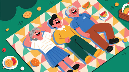 Illustration Of Three People Sprawled On A Patterned Picnic Blanket Vector Design Template