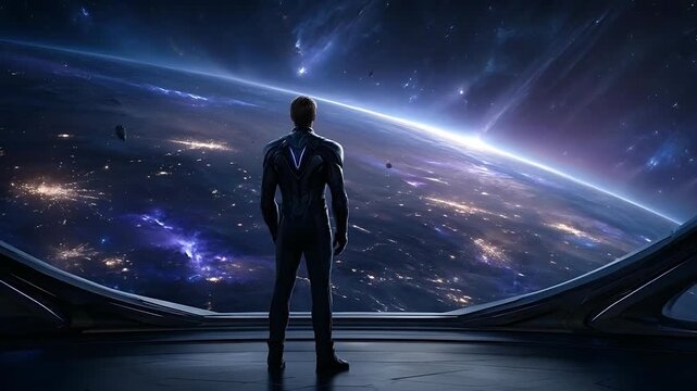 A lone figure in a futuristic suit stands in an observation deck, gazing at the glowing Earth from space