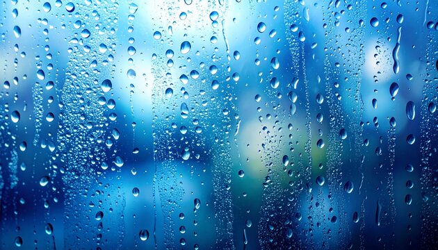 Raindrops on glass window with blurred blue and green background, abstract wet surface texture, natural water drops pattern, rainy day mood