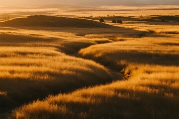 Golden grasslands at sunrise with rolling hills and soft light