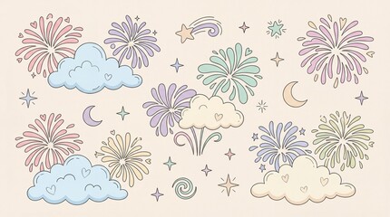 Cute Flat Design Dreamy Firework and Cloud Doodle Vector Set