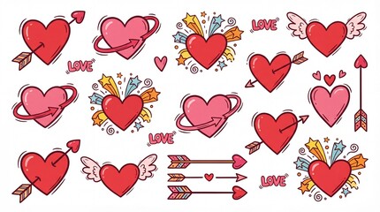 Cute Flat Design Dynamic Love Arrow and Heart Doodle Vector Set