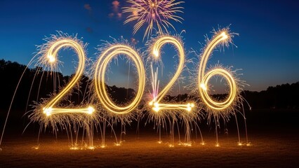 Happy New Year 2026 Message Formed by Sparklers and Fireworks Against a Night Sky