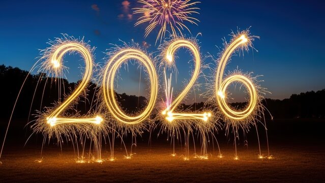 Happy New Year 2026 Message Formed by Sparklers and Fireworks Against a Night Sky