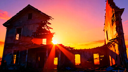 Ruin sunset abandoned building architecture decay destruction old house sky landscape sun rays light derelict home structure broken facade weathered grunge vintage