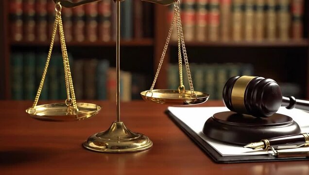 Golden Scales Of Justice And Gavel Rest On Desk In Library Study Room With Bookshelf