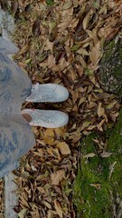 Foot of the girl in white shoes on the fallen leaves