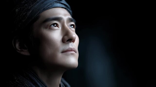 Tang Dynasty Man Looks Upward with Determined Eyes and Aspiration