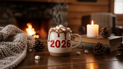 Cozy Winter Scene with Hot Chocolate Mug Featuring 2026, Marshmallows, Fireplace, and Pinecones