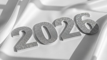 Sparkling Silver Glitter 2026 Numbers on a Soft White Draped Fabric Background, Minimalist Design