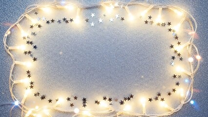 Stunning warm fairy lights frame frosty winter background with sparkling silver star confetti copy space