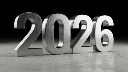Sleek Metallic Silver 2026 Numbers on a Concrete Surface with Reflections Against a Dark Background