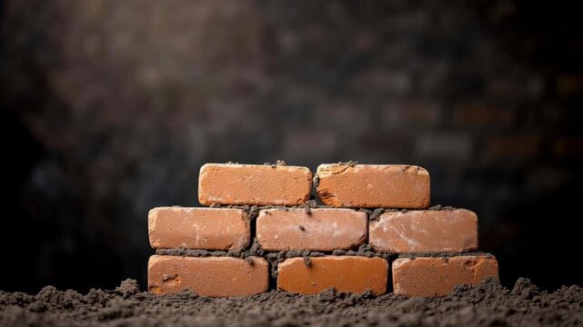 Hand builds brick wall with mortar, construction detail masonry worker hand clay brick close up craft skill texture brick wall mason hand