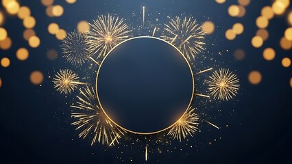 Stunning golden fireworks explode around a dark circle frame perfect for elegant celebration announcements