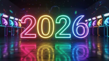Vibrant Rainbow Neon 2026 on Reflective Floor with Arcade Games in Background, Gaming New Year Celebration