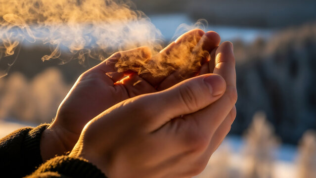 Steaming hands in cold air symbolizing warmth, hope, and human instinct