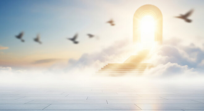 Heavenly staircase rising into glowing doorway above soft clouds with flying doves created for Christian background scenes Easter worship visuals and inspirational faith themed design concepts