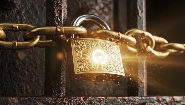 Ornate Golden Padlock Secured With Heavy Chain on Rusty Metal Bars Dramatic Lighting