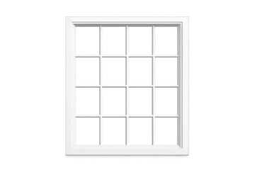 Window frame with multiple panes, featuring a clean white design and grid muntins on a transparent background