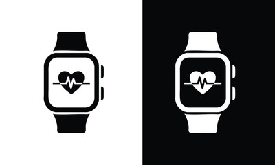 Smart Watch with Heartbeat Icon, Health and Fitness Smartwatch Icon, Wearable Technology Pulse Monitor Graphic, Black and White Heart Rate Monitor Icon, silhouette, vector, illustration.