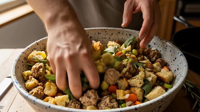 Close-up of hands gently mixing stuffing ingredients in a speckled bowl.  The stuffing contains bread cubes, sausage, vegetables, and herbs