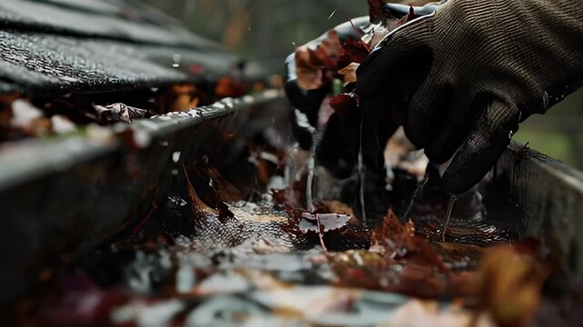 Cleaning a Gutter Full of Leaves Autumn Chores and Home Maintenance, Removing Debris, and Ensuring Proper Drainage