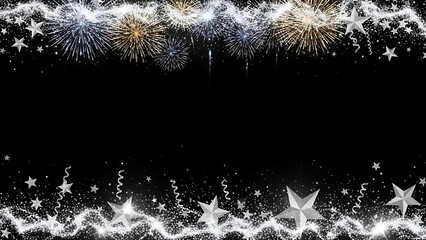 Stunning silver and gold fireworks frame black background perfect for elegant New Year celebration announcements
