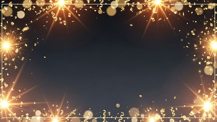 Stunning golden celebration border with bright light bursts and falling confetti for elegant event backgrounds