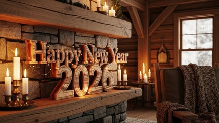 Cozy Rustic Fireplace Mantel with Wooden Happy New Year 2026 Decoration and Lit Candles in a Cabin Setting