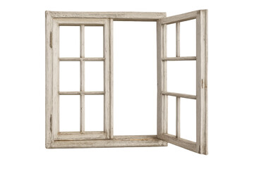 Fototapeta premium Rustic open wooden window frame isolated on transparent background, showing vintage architectural element with weathered texture
