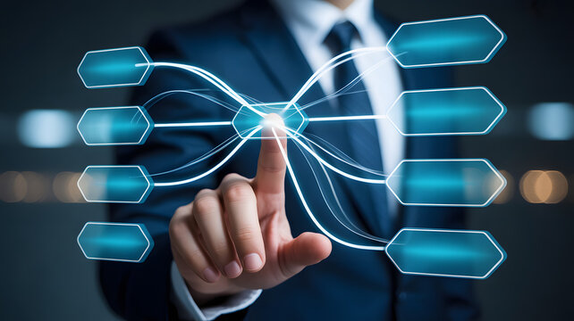 Elegant business professional navigates complex data flows with modern interface, showing dynamic connectivity and cutting-edge technology, efficient solutions