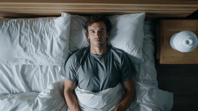 Pensive man lying awake in bed at night with insomnia looking up