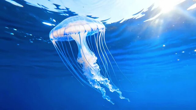 Jellyfish ocean sea marine life underwater aquatic animal nature wildlife blue water sun light rays tentacles translucent swimming diving reef ecosystem oceanography biology zoology