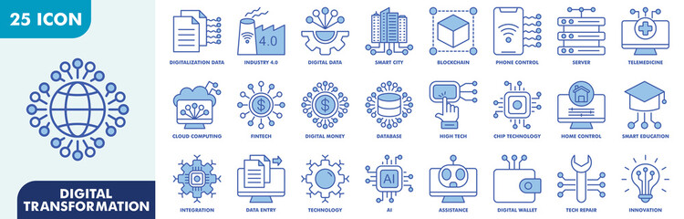 Fototapeta premium Digital Transformation Icon Set Collection. Consist Of Digitalization Data, Industry 4.0, Digital Data, Smart City, Phone Control, Server, Telemedicine. Simple Vector Illustration
