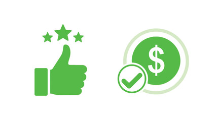 Vector illustration of Green thumbs up with stars and dollar coin with checkmark vector icon for finance and business isolated on white background