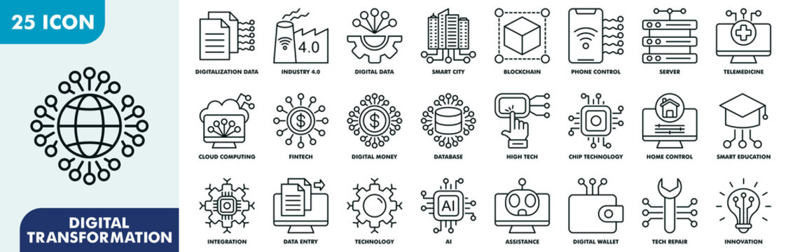 Digital Transformation Icon Set Collection. Consist Of Digitalization Data, Industry 4.0, Digital Data, Smart City, Phone Control, Server, Telemedicine. Simple Outline Vector Illustration