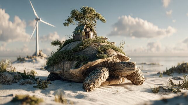 Surreal conceptual art of a giant tortoise carrying a small eco-house and trees on its shell walking on a beach with a wind turbine representing sustainable living