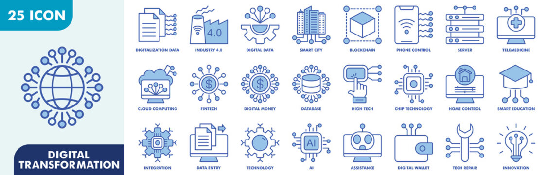 Digital Transformation Icon Set Collection. Consist Of Digitalization Data, Industry 4.0, Digital Data, Smart City, Phone Control, Server, Telemedicine. Simple Vector Illustration