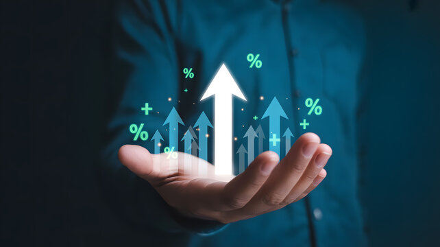Boost your business with dynamic growth and profit increases, visualized as upward trends and percentages in the palm of your hand, for success! - Powered by Adobe