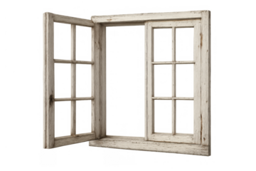 Weathered wooden window frame featuring an open casement and peeling white paint, ready for compositing on a transparent background